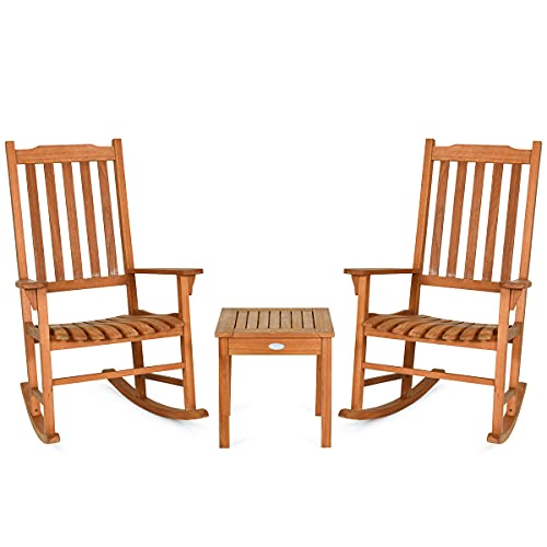 GIANTEX Juego de 2 Sillas Mecedoras de Madera de Eucalipto y 1 Mesa Baja para Exterior e Interior para Patio, Porche, Jardín, Carga 180 kg, Natural