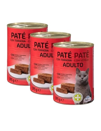 Paté con Ternera para Gatos Adultos, sin Cereales ni Conservantes, Alimento Húmedo Completo, Pack 3 x 395 g DeliKuit