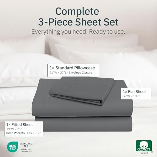 Image of Super Soft 100% Cotton Twin Bed Sheets, 3 Pc Set, Grey | Lightweight & Breathable For Hot Sleepers, All-Around Elastic, Durable, Easy Care, OekoTex Certified