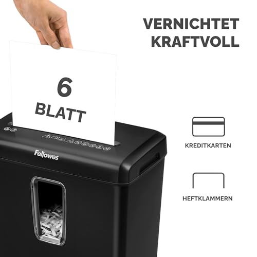 Fellowes Aktenvernichter 6 Blatt Partikelschnitt (P4) & Amazon Basics - Schmiermittelblätter für Aktenvernichter, 12er-Pack Automatisch, Mikroschnitt, Weiß