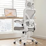 PKPT Ergonomic Office Chair, 330LBS Desk Chair with 3-Level Lumbar Support & Headrest, Breathable Mesh Backrest, Flip-Up Armrests for Home Office and Gaming, White and Gray