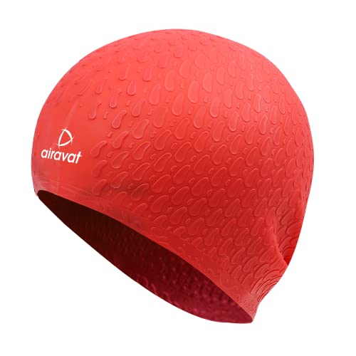 Image of Airavat Swim Bubble Cap, Silicone Swim Cap, Comfortable Bathing Cap Ideal for Curly Short Medium Long Hair, Swimming Cap for Women and Men (Red)