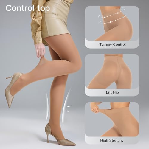 Yilanmy Women's Control Top Pantyhose 50D Semi Opaque Tights Run Resistant 10-15mmHg Support Hose Compression Tights 2 Pairs2