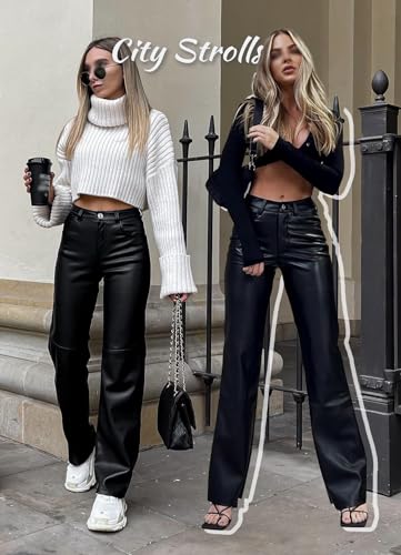 Navneet Women Faux Leather Pants PU High Waist Straight Leg Pant with Pockets Leather Leggings Bell Bottom Flare Pants2