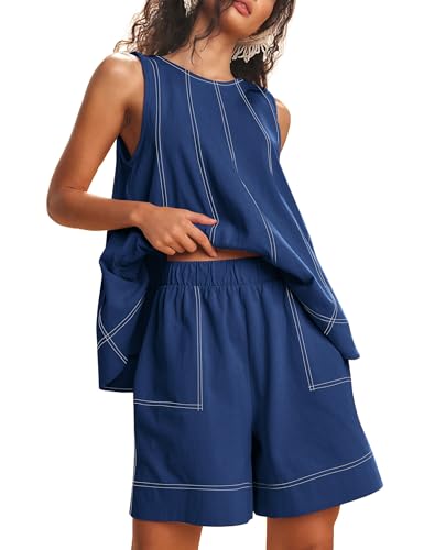 Image of Women 2 Piece Outfits Flowy Sleeveless Tunic Tops Loose Shorts with Pockets Tracksuit Summer Lounge Matching Set 2025