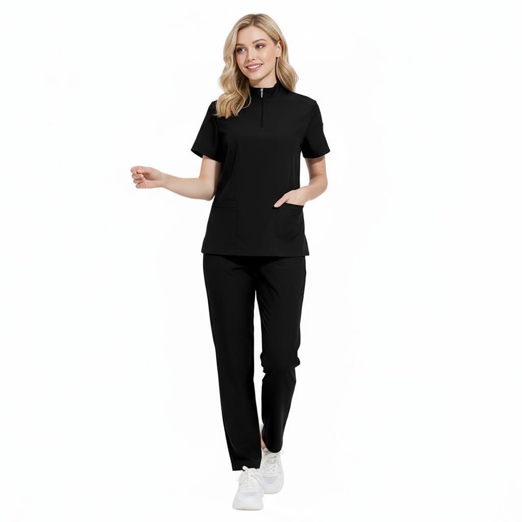 Set de uniformes médicos para mujer con cuello en V y cremallera, cuatro bolsillos, pantalón de yoga elastizado, uniforme de trabajo para atención médica, salón de belleza DK50