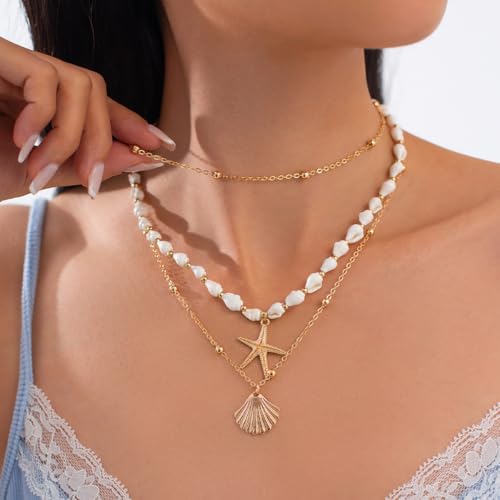 Seashell Necklace for Women Gold Layered Sea Shell Necklace Boho Summer Beach Necklaces for Women Adjustable Pearl Conch Starfish Necklaces Vacation Coastal Beachy Jewelry Outfits Accessories2
