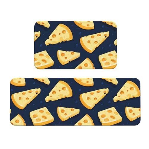 GVYGVY Antifatigue Kitchen Mats for Floor 2 Piece - Bright Cheese Print Kitchen Rugs Washable, Non Slip Runner Rug Standing Mat for Office/Bathroom/Laundry/Home Decor and Accessories