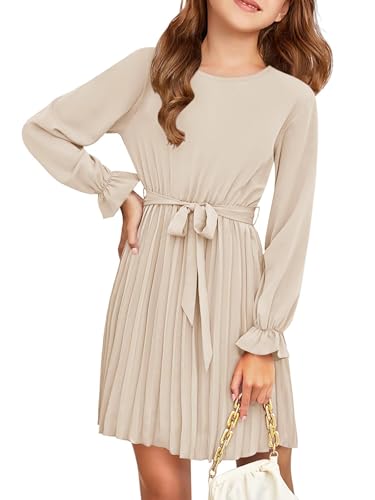 Haloumoning Mädchen Kleid Elegant Langarm Kleider Kids A-Linie Faltenrock Rundhals Fließender Midi Kleid, Aprikose, 13-14 Jahre