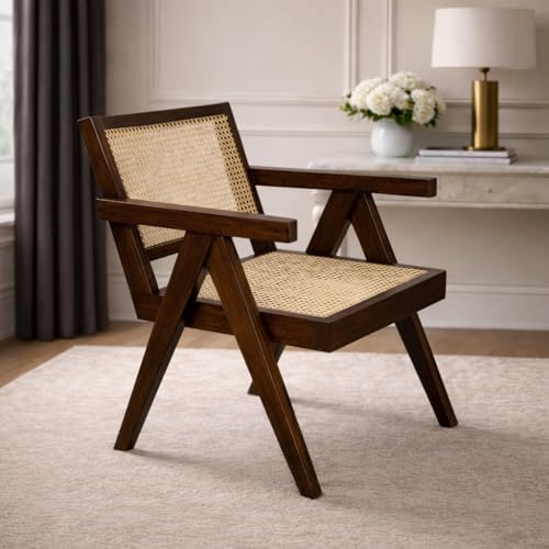 Image of Sainistree Furniture | Solid Sheesham Wood Rattan Armchair | Teak Brown Finish, Cane Back & Geen Upholstery | Mid-Century Modern Accent Chair for Living /Dining Room (Rattan)