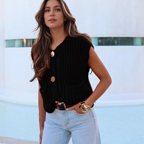 Image of Hixiaohe Womens Crochet Chunky Knit Top Sleeveless Button Down Crop Tops Trendy Cardigan Sweater Vest for Women with Pockets