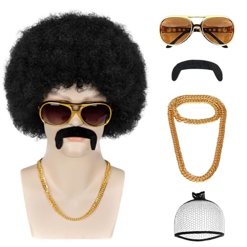 70s Afro Wig for Men with Glasses Chain and Mustache Mens Costume Disco Wig Short Curly Natural Black Hair Fluffy for Party Halloween Hippies Rocker(Natural Black)