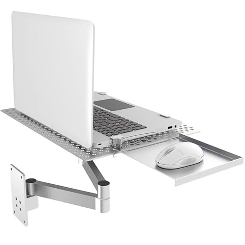 Soporte de pared ajustable para laptop, bandeja de movimiento completo con bandeja para mouse y plataforma de refrigeración ventilada, soporta hasta 8 kg para oficina y estación de trabajo