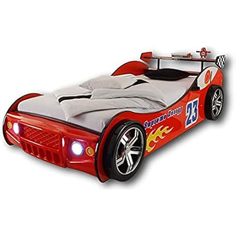 Stella Trading Energy Bed with LED Lighting 90 x 200 cm - Exciting Car Cot for Little Racers in Red, Wood, 105 x 60 x 225 cm Cover