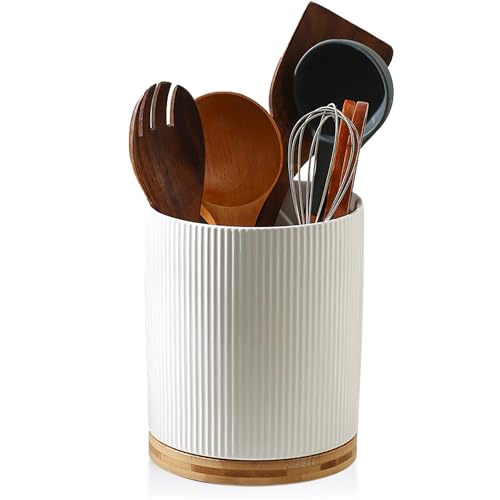 360 Rotating Utensil Holder 6 Kitchen Ceramic Utensil Crock with Detachable Base Countertop Utensil Caddy for Kitchen Decor and Storage White