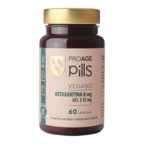 ProAge Pills Astaxantina 8mg y Vitamina E 12mg | 60 Cápsulas Veganas | Potente Antioxidante Piel, Vista, Antiedad y Protección Solar | Carotenoides