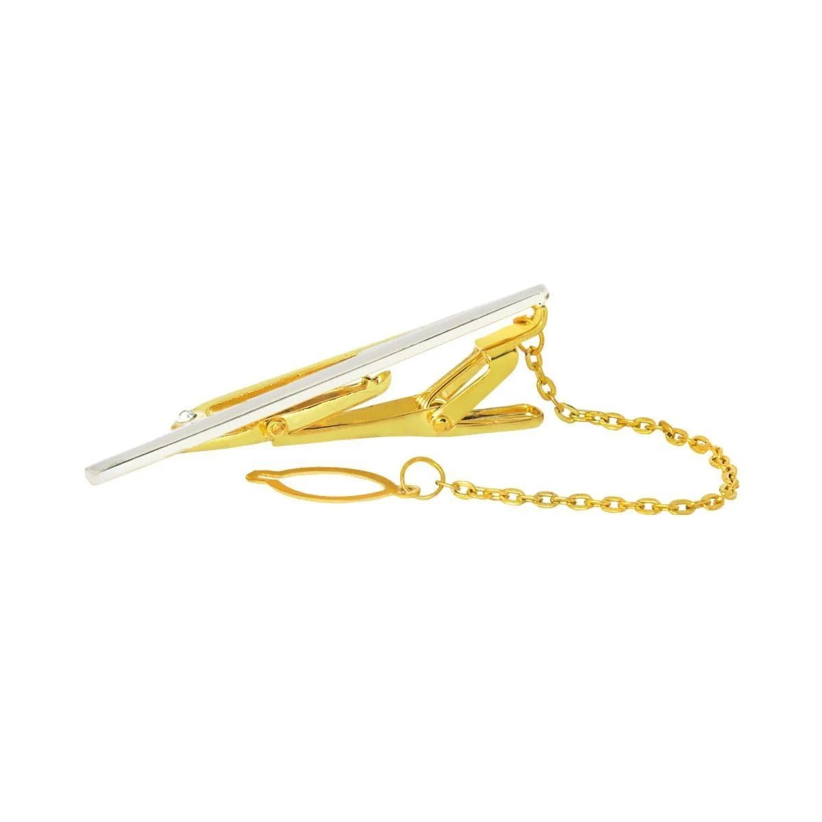 Plain 18K Gold Plated CZ Formal Tie Pin Clip for Men | Premium Shirt Tie Bar with Chain | Office & Wedding Accessories-image-25