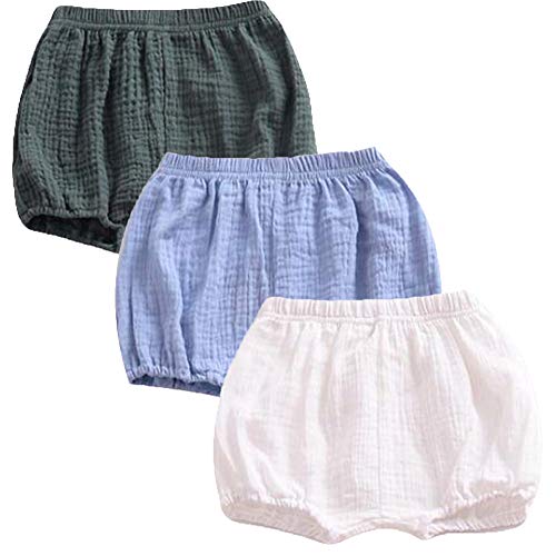 LOOLY 3PCK Baby Bloomers Unisex Baby Girls Boys Cotton Linen Blend Shorts(90,Blue,Green,White)