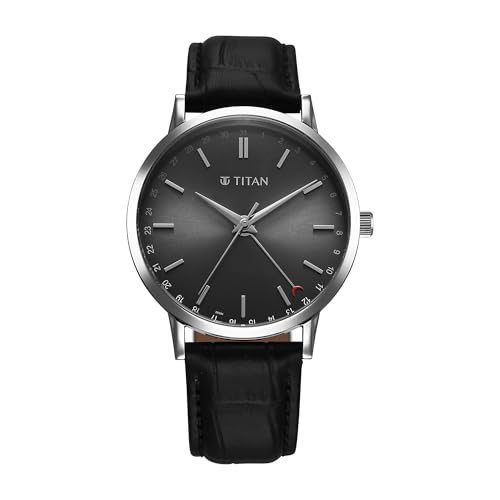 Image of Titan Elegance Analog with Date by Hand and Dark Grey Dial Black Leather Strap Watch for Men - 90202SL02