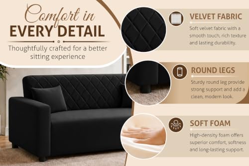 Image of Rosebell 3 Seater Wooden Sofa for Living Room, Modern Fabric Upholstered Sofa with Quilted Backrest, Cushioned Seating, Padded Armrests & Sturdy Wooden Frame - Black