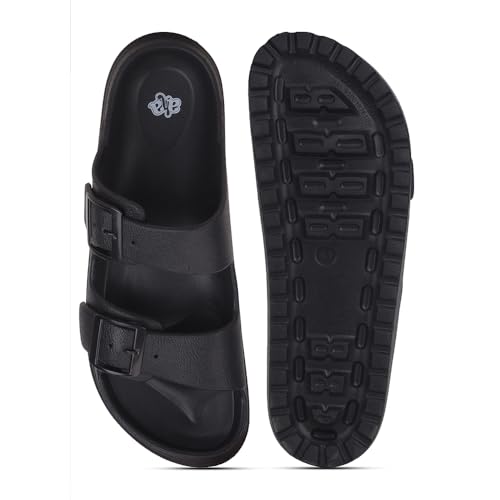 Image of Liberty A-HA COMMIT Slippers for Men - Black, Light Grey & Olive Green | Casual Slip-on Flats /Slippers Footwear - Buckle Closure | Casual Outdoor Chappal, Monsoon, Rainy Season Footwear for Man