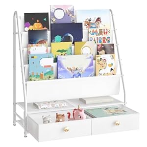MAHANCRIS Kids Bookshelf, 4 Tier Toddler Bookshelf, Kids Sling Book Rack with 2 Fabric Drawers, Storage Nursery Book Shelf for Children, Toy Organizer, for Living Room, Study Room, White BKBW7401