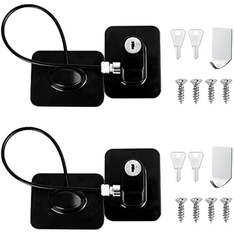 2PCS Fridge Lock+2PCS Hooks, Self Adhesive, Refrigerator Lock, Fridge Latch Cable Childproof, Window Door Restrictor Security Lock Child Baby Safety Security Wire Catch with Screw Keys Cover