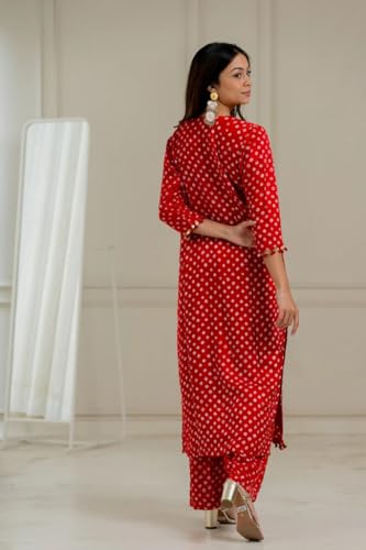 Image of LookMark Women Cotton Blend Bandhej Printed Bandhani Kurta Palazzo Set With Sequence Lace