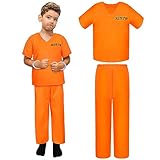 Poen Kids Prisoner Costume Halloween Set Orange Prisoner Jumpsuit with Handcuffs and ID Card for Boys Girls Children Cosplay(Large)
