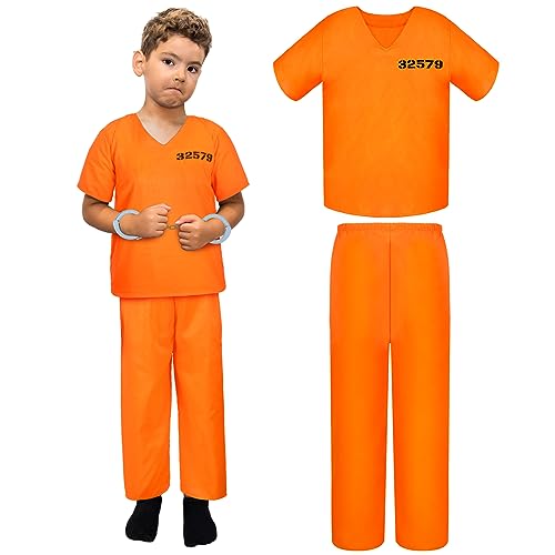 Poen Kids Prisoner Costume Halloween Set Orange Prisoner Jumpsuit with Handcuffs and ID Card for Boys Girls Children Cosplay(Large)