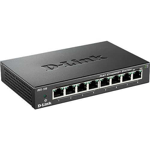 D Link DES 108 – Switch de red con 8 puertos LAN Fast Ethernet 10/100 Mbps RJ 45, no gestionable Layer 2, carcasa metálica, negro