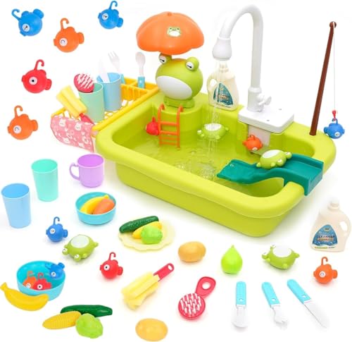 Kitchen Sink Toy Set Pretend Role Play Dishwasher Toy with Running Water Automatic Water Cycle System and Tableware Accessories Vegetable Fruit Play Food Games with Fishing Game for Boys Girls