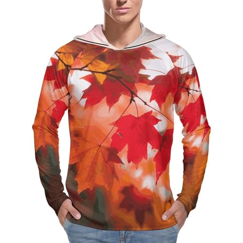 Mens UPF 50+ Sun Protection Hoodie Rash Guard Long Sleeve Sun Shirt Hiking Autumn Fall Red Maple Leaves Fishing Hoodie-