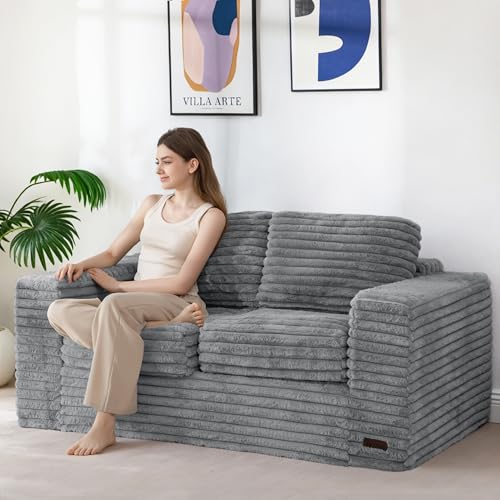 Image of MAXYOYO Loveseat Sofa Couch, Upholstered Bean Bag Chair Cloud Seat for Adults, Boneless Couch with Cushion & Pillows, Sofa in A Box, No Assembly Required, Faux Fur Grey