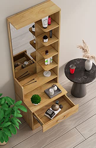 Image of Bniture Wooden Dressing Table for Bedroom with 1 Drawer, Mirror and Huge Storage Space | Long Dresser Vanity Table with Mirror (42D x 60W x 180H CM) | 1 Year Warranty (Giant Wood, HXDR102)