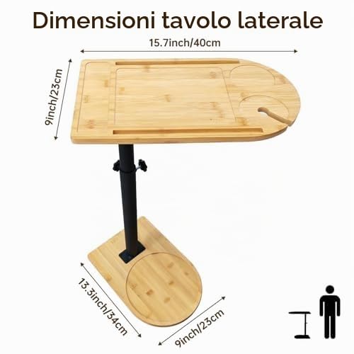 Tavolino Laterale Forma C Bambù Metallo Moderno Altezza Regolabile, Side Table, Tavolino Letto, Tavolino Divano, Tavolino Comodino, Tavolino Cura, per Soggiorno Camera da Letto Bagno