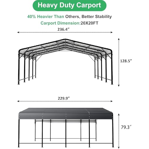Image of AirWire 20x20 FT Metal Carport with Heavy Duty Carport Canopy, Car Port with Reinforced Base and Five Canopy Beams, 2 Car Garage Shelter for Car, Boats and Truck