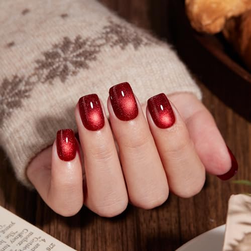 VSALON Press on Nails Short Square - Burgundy Red Cat Eye Glitter...