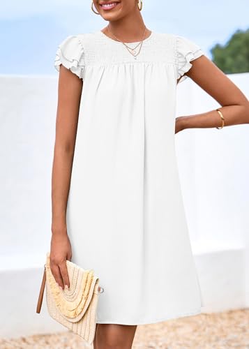 Image of KIRUNDO Wedding Guest Shift Dresses for Women Short Spring Summer Ruffle Cap Sleeve Chiffon Babydoll Flowy Mini Sundress(White, Large)