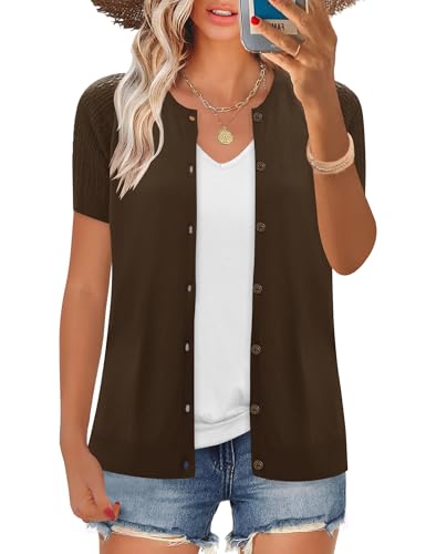 Image of FreshNight Women's 2025 Short Sleeve Cardigan Button Up Hollowed Out Crewneck Shrug Sweaters Knit Sweater Tops Lightweight