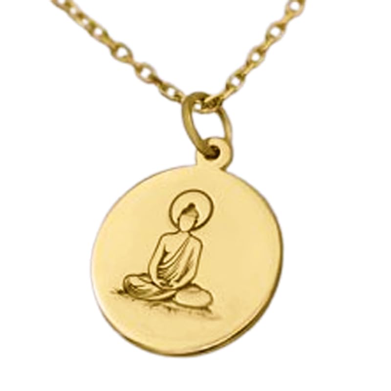 Collier pendentif rond Bouddha en argent sterling 925 plaqué or avec chaîne maille forçat