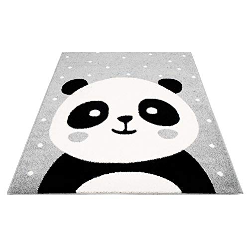 carpet city Tappeto per bambini Bubble Kids a pelo piatto Panda, bianco a pois in grigio per cameretta dei bambini; dimensioni: 140 x 200 cm