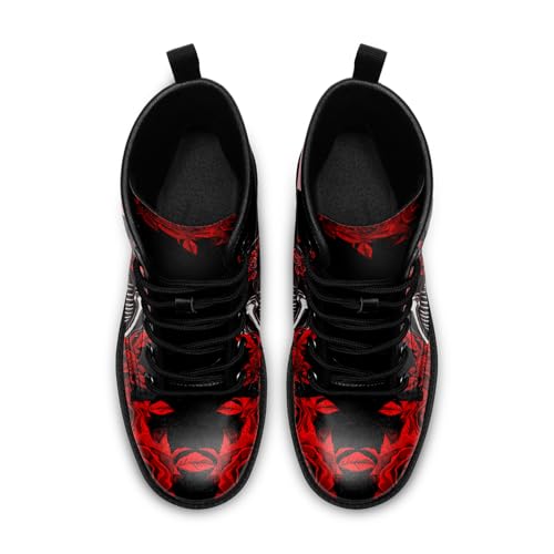 Women's Combat Ankle Boots, Heart Print Fashion Short Booties Rose and Skull Durable Lace-Up Work Boots, Gift For Her Lover4