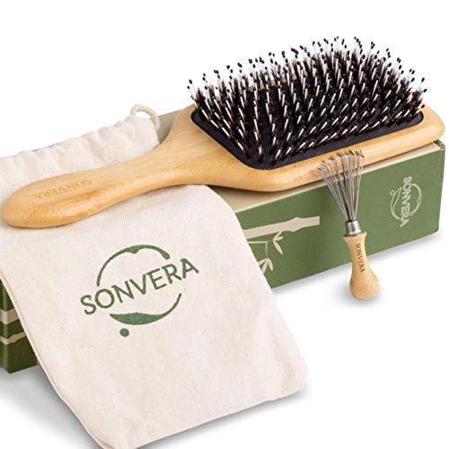 Boar Bristle Hair Brush Men Detangling Hair Brushes for Women Mens Paddle Brush Bamboo Wooden Bore Natural Hairbrush for Shine Soft Fine Hair Reduce Frizz Dry Improve Hair Texture