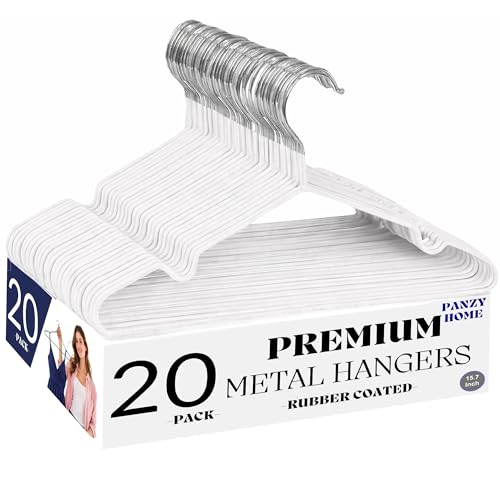 Panzy Home, set di 20 appendiabiti in metallo rivestiti in gomma, resistenti e salvaspazio, per guardaroba, appendiabiti, binari e armadi (20, bianco)