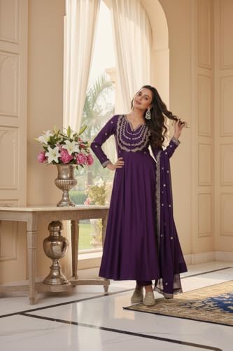 Image of Yashika Women's Silk Blend Embroidered Anarkali Kurta Set with Dupatta | Full Length Ethnic Wear for Women | Wedding