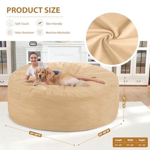 6FT Bean Bag Chair, Large Bean Bag Chairs with Memory Foam Filled, Fluffy Beanbag Sofa with Dutch Velvet Cover, Round BeanBag Chairs for Living Room, Playroom - Khaki