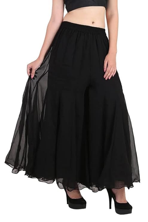 Image of Kvish Regular Loose Fit Solid Colour Georgette Flared Sharara Palazzo for Women