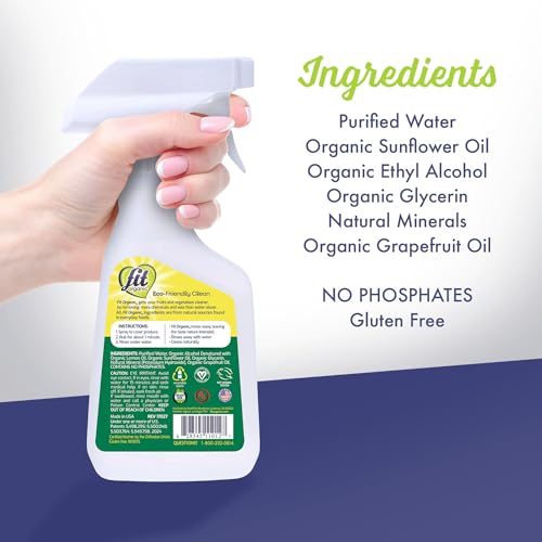 Image of FIT Organic Fruit and Vegetable Wash Spray - USDA Certified Organic & Kosher - Removes Surface Contaminants - Family & Pet Safe, Chemical-Free, 12 Fl Oz