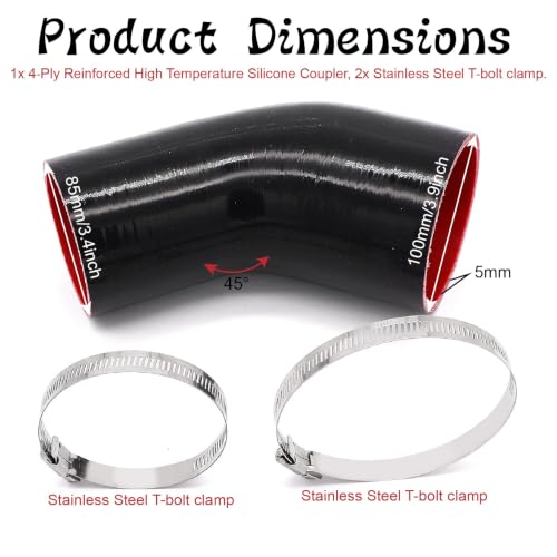 Image of 45 Degree 3 to 3-1 /2 inch(76-89mm) Silicone Reducer Coupler Hose,4-Ply Reinforced,Length 4inch(102mm) with 2PCS Clamps Turbo /Intercooler /Intake Piping Reducer